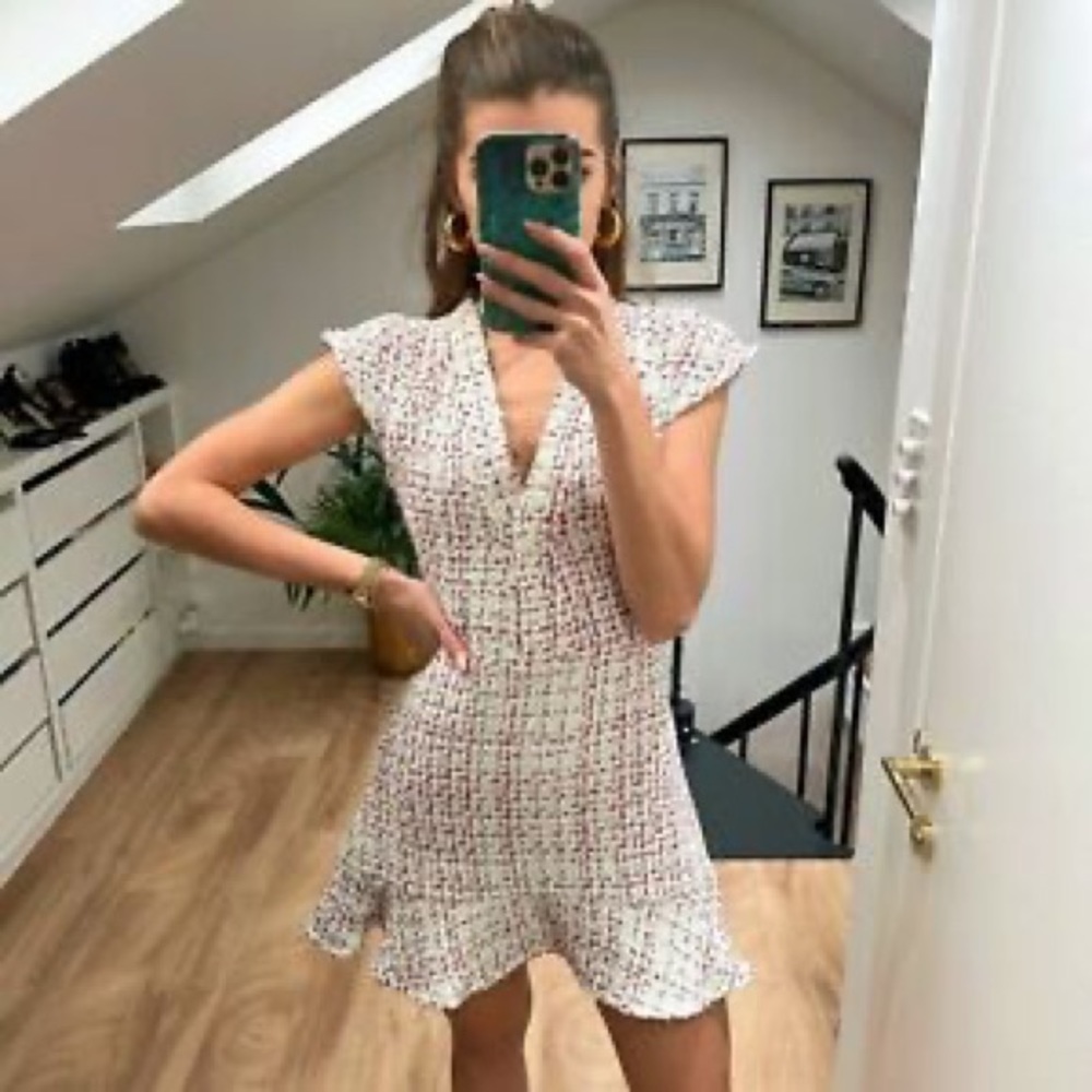 Zara Multicolored Tweed Textured Weave Dress With Ruffle Zara Small NWT New Tags